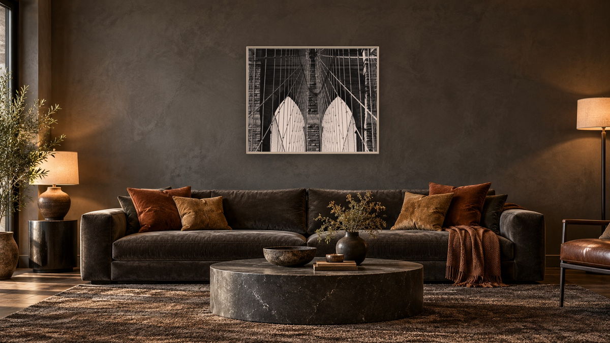 Brooklyn Bridge #5 by Gordon Osmundson, shown at 32 × 40 in (81.3 × 101.6 cm) on canvas in Ramino Opaque White, den