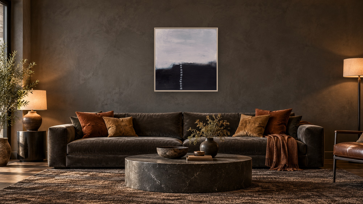 No. 383 by Michelle Oppenheimer, shown at 32 × 32 in (81.3 × 81.3 cm) on canvas in Ramino Opaque White, den