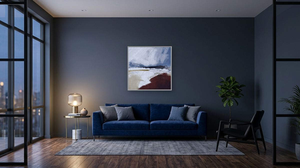 April Tide by Dan Hobday, shown at 32 × 32 in (81.3 × 81.3 cm) on canvas in Ramino Opaque White, den