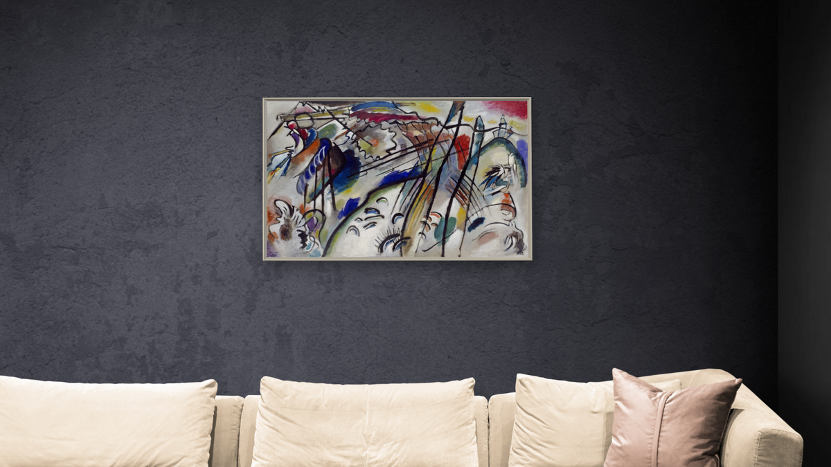 Improvisation 28 (second version), 1912, shown at 28 × 42 in (71.1 × 106.7 cm) on canvas in Ramino Opaque White, living