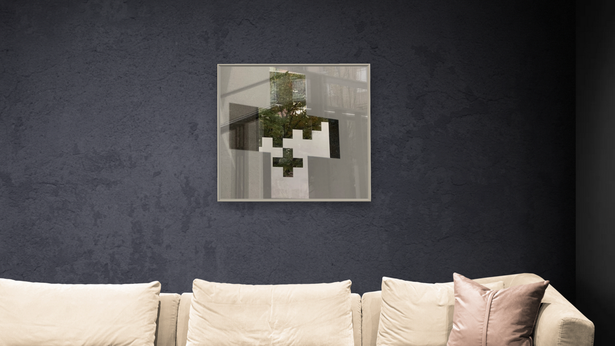 Grace by Judith Rayl, shown at 32 × 32 in (81.3 × 81.3 cm) on canvas in Ramino Opaque White, living
