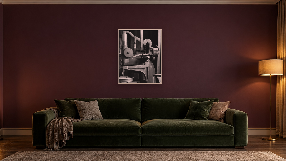 Wheel Boring Machine #5 by Gordon Osmundson, shown at 32 × 40 in (81.3 × 101.6 cm) on canvas in Ramino Opaque White, den