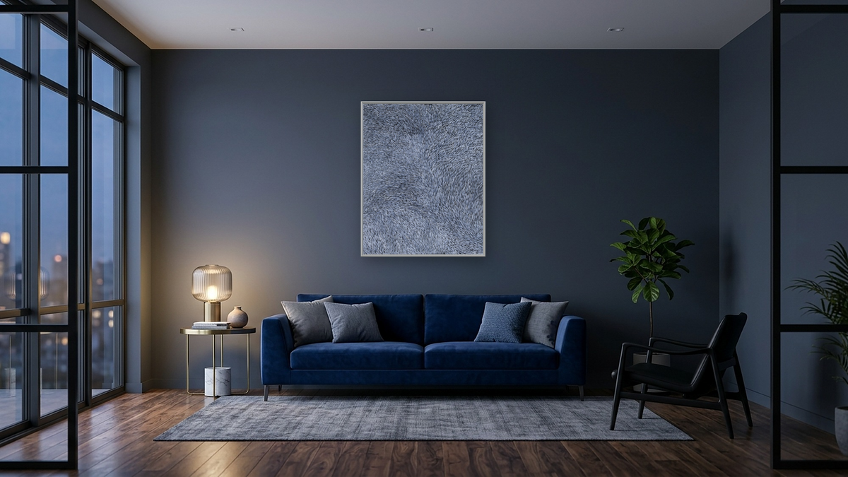 Leafs by Gloria Tamerre Petyarr, shown at 32 × 40 in (81.3 × 101.6 cm) on canvas in Ramino Opaque White, den