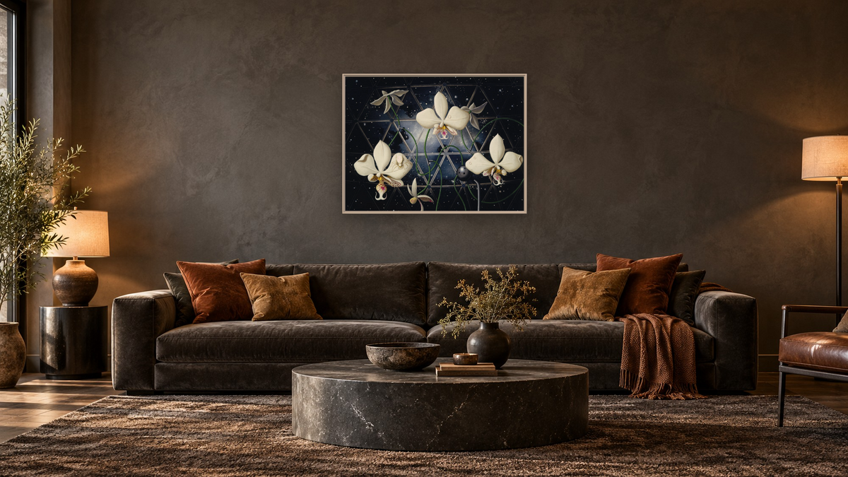 Biosphere: Orchids by Alexis Rockman, shown at 30 × 40 in (76.2 × 101.6 cm) on canvas in Ramino Opaque White, den