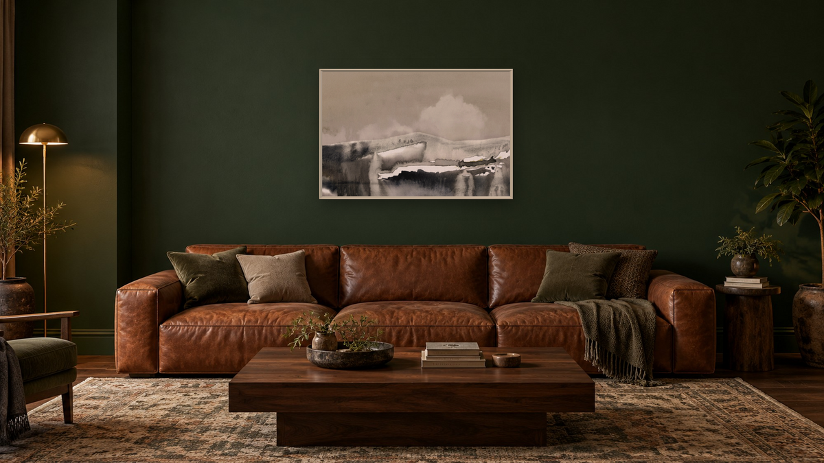 Coastal by Dan Hobday, shown at 28 × 42 in (71.1 × 106.7 cm) on canvas in Ramino Opaque White, den