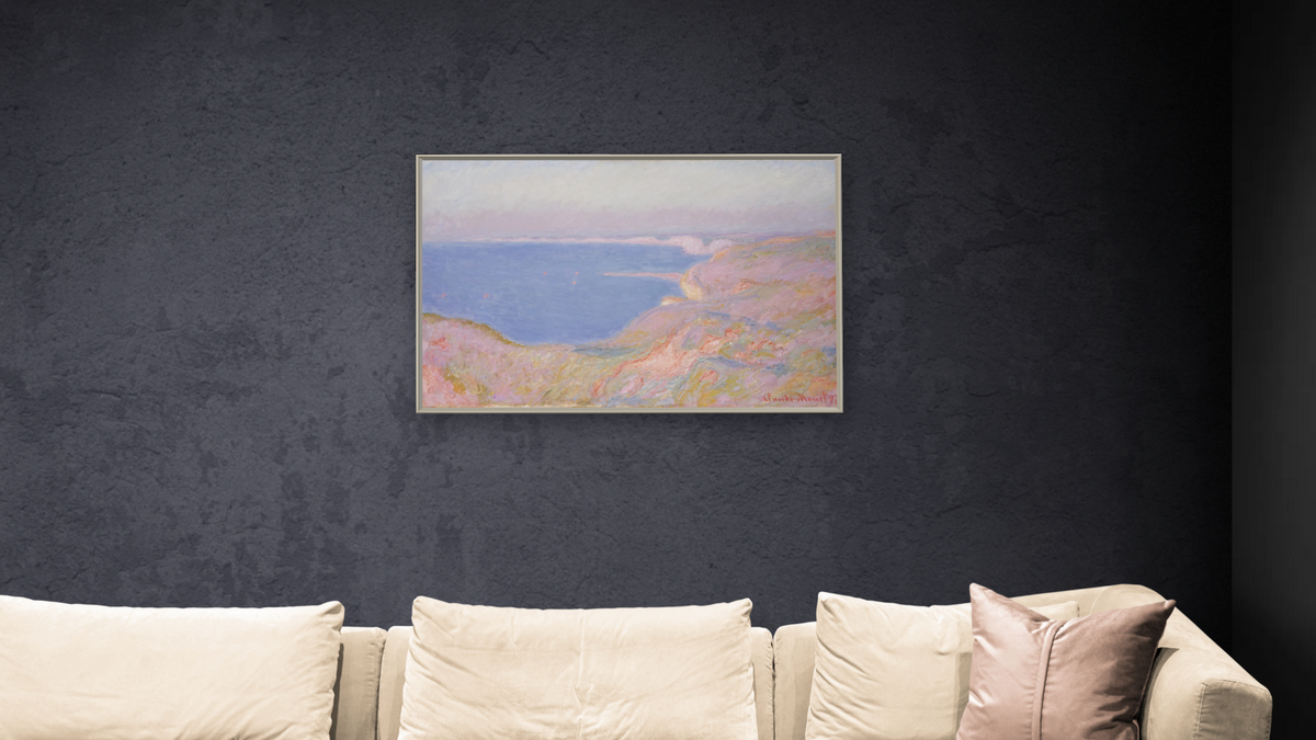 On the Cliffs Near Dieppe, Sunset by Claude Monet, shown at 28 × 42 in (71.1 × 106.7 cm) on canvas in Ramino Opaque White, living