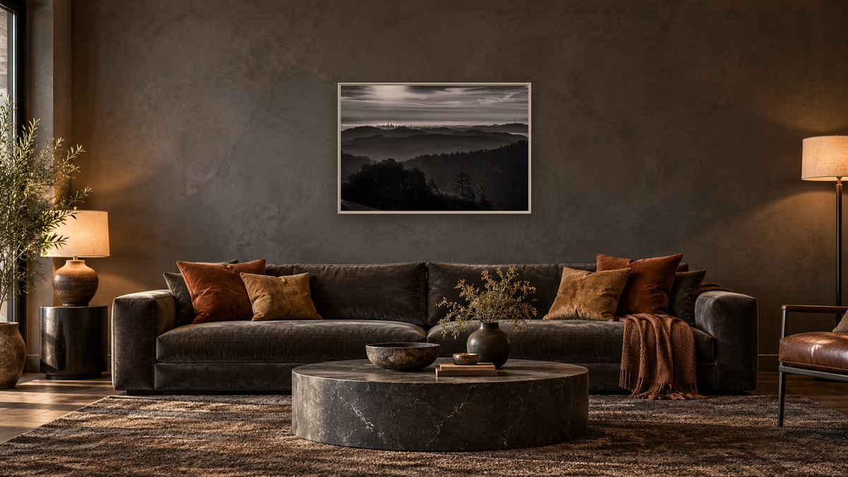 Cityscape by Michelle Abrams, shown at 28 × 42 in (71.1 × 106.7 cm) on canvas in Ramino Opaque White, den