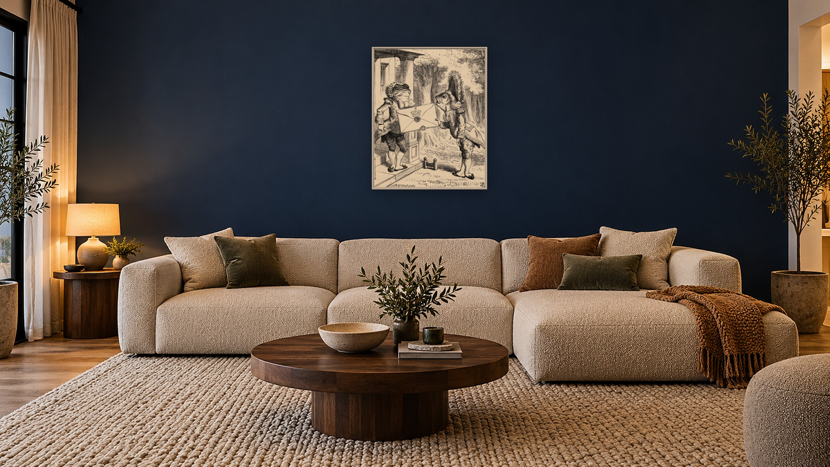 Fish Footman, from 'Alice's Adventures in Wonderland' by Lewis Carroll by John Tenniel, shown at 32 × 40 in (81.3 × 101.6 cm) on canvas in Ramino Opaque White, media room