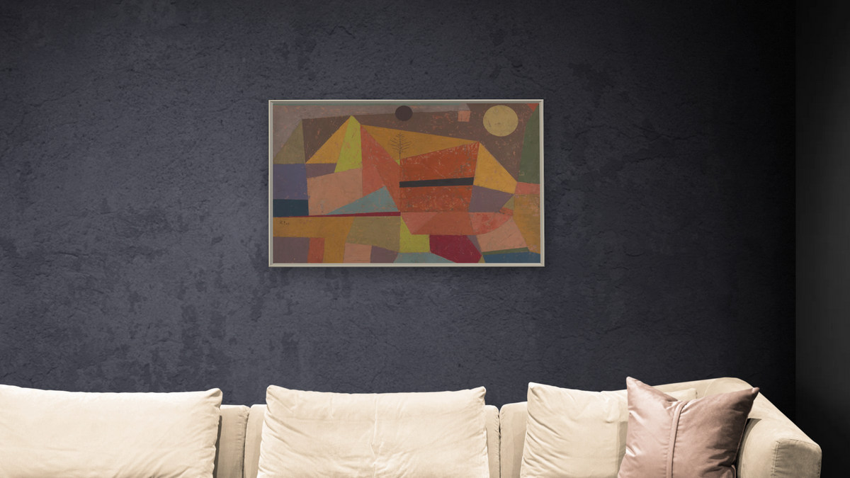 Heitere Gebirgslandschaft (Joyful Mountain Landscape) by Paul Klee, shown at 28 × 42 in (71.1 × 106.7 cm) on canvas in Ramino Opaque White, living