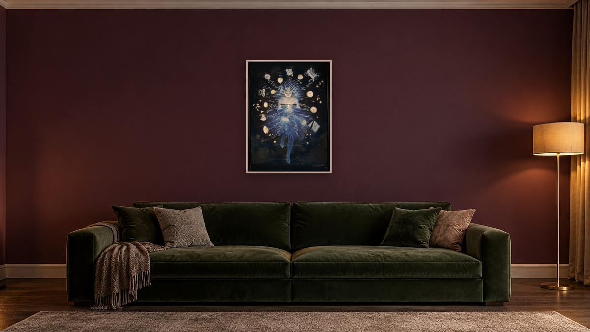 Study for electrical device advertisement by Leonetto Cappiello, shown at 30 × 40 in (76.2 × 101.6 cm) on canvas in Ramino Opaque White, den