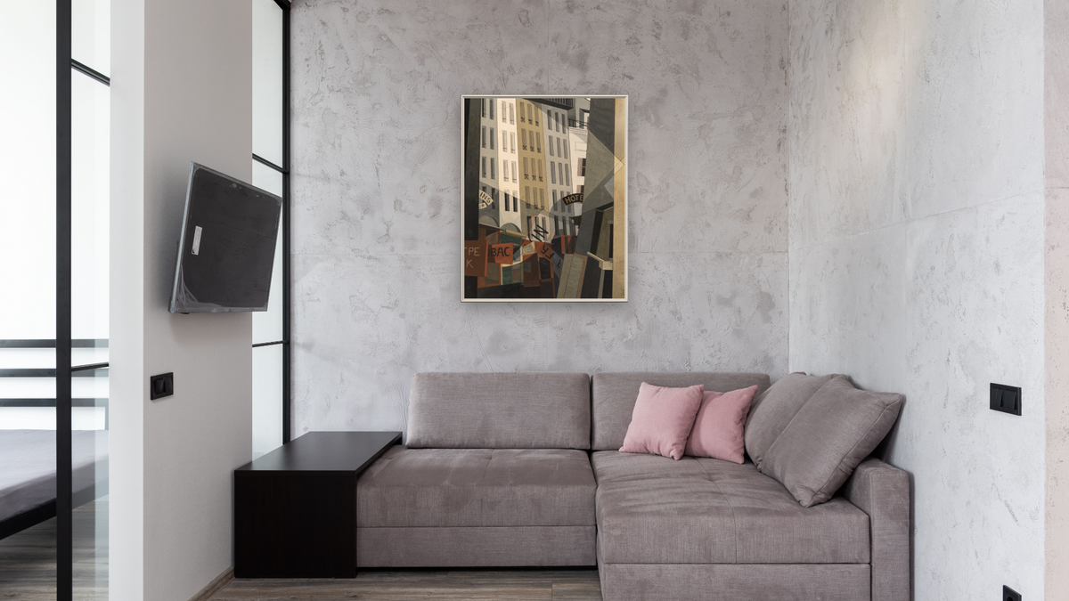Rue du singe qui pêche by Charles Demuth, shown at 32 × 40 in (81.3 × 101.6 cm) on canvas in Ramino Opaque White, media room