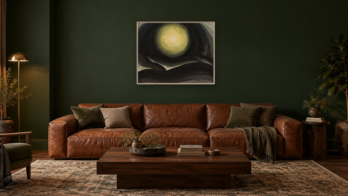 Moon by Arthur Garfield Dove, shown at 32 × 40 in (81.3 × 101.6 cm) on canvas in Ramino Opaque White, den