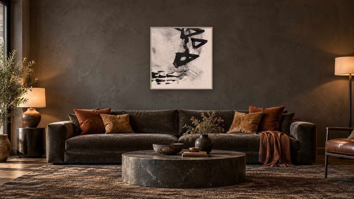 Black White Set 6 by Dan Hobday, shown at 32 × 32 in (81.3 × 81.3 cm) on canvas in Ramino Opaque White, den