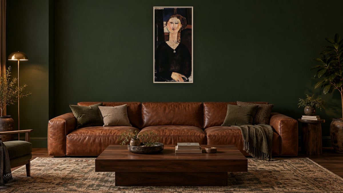 Antonia by Amedeo Modigliani, shown at 20 × 40 in (50.8 × 101.6 cm) on canvas in Ramino Opaque White, den