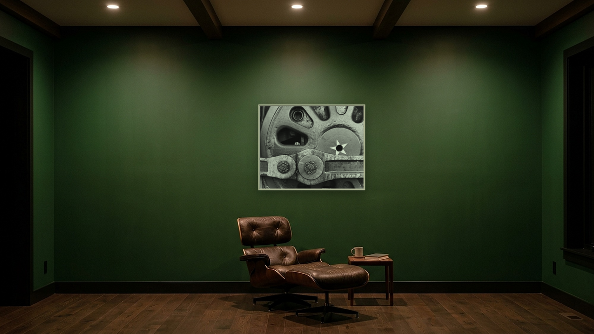 Box Pox Driver and Rod, S.P.4449 from the Railroad Series by Gordon Osmundson, shown at 32 × 40 in (81.3 × 101.6 cm) on canvas in Ramino Opaque White, den