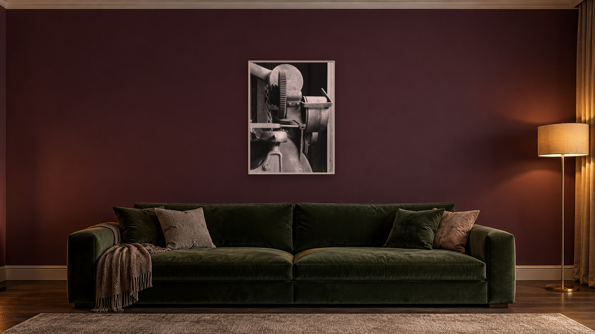 Wheel Boring Machine #2 by Gordon Osmundson, shown at 30 × 40 in (76.2 × 101.6 cm) on canvas in Ramino Opaque White, den