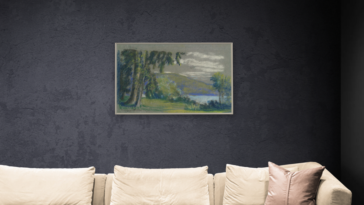 Landscape from A.B. Davies book, edition #3/50 by Arthur Bowen Davies, shown at 28 × 42 in (71.1 × 106.7 cm) on canvas in Ramino Opaque White, living