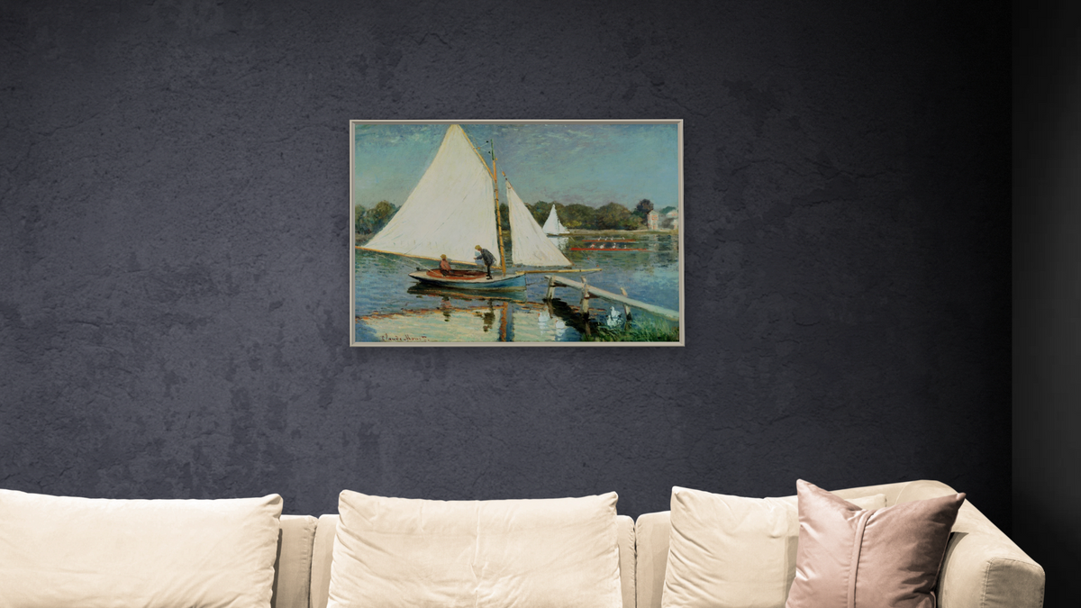 Sailing at Argenteuil by Claude Monet, shown at 30 × 40 in (76.2 × 101.6 cm) on canvas in Ramino Opaque White, living