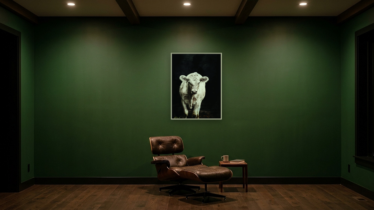 Belle by Brandon Luther, shown at 30 × 40 in (76.2 × 101.6 cm) on canvas in Ramino Opaque White, den