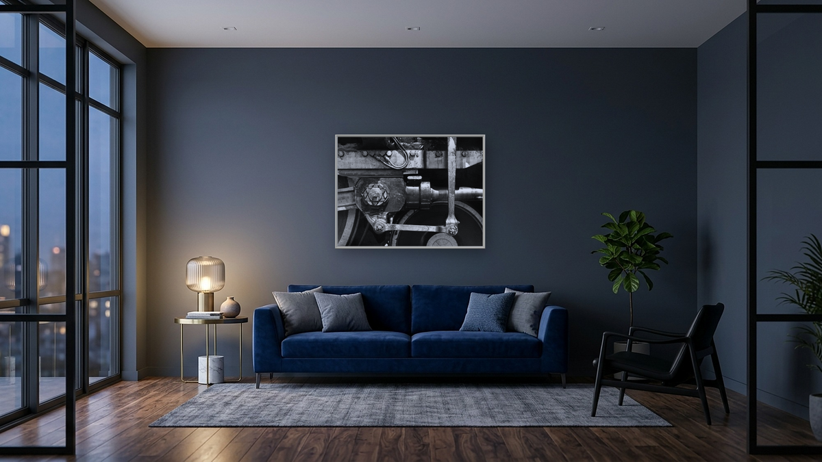 Crosshead, U.P.8444 from the Railroad Series by Gordon Osmundson, shown at 30 × 40 in (76.2 × 101.6 cm) on canvas in Ramino Opaque White, den