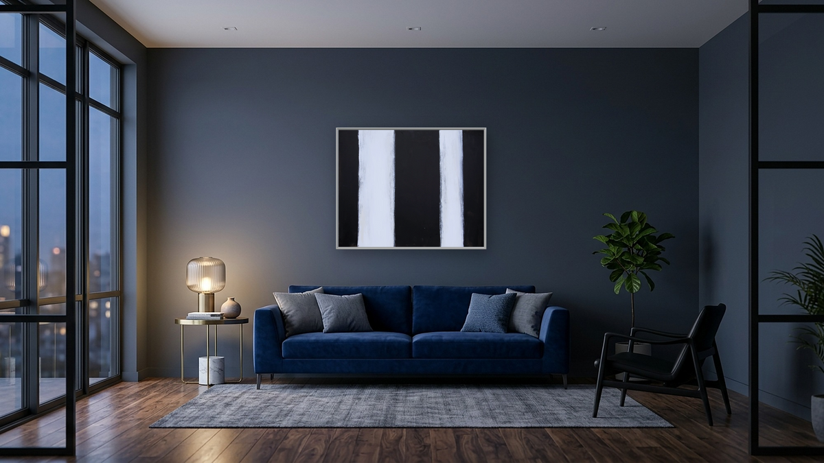 Black and White 2 by Tayt Modern, shown at 32 × 40 in (81.3 × 101.6 cm) on canvas in Ramino Opaque White, den