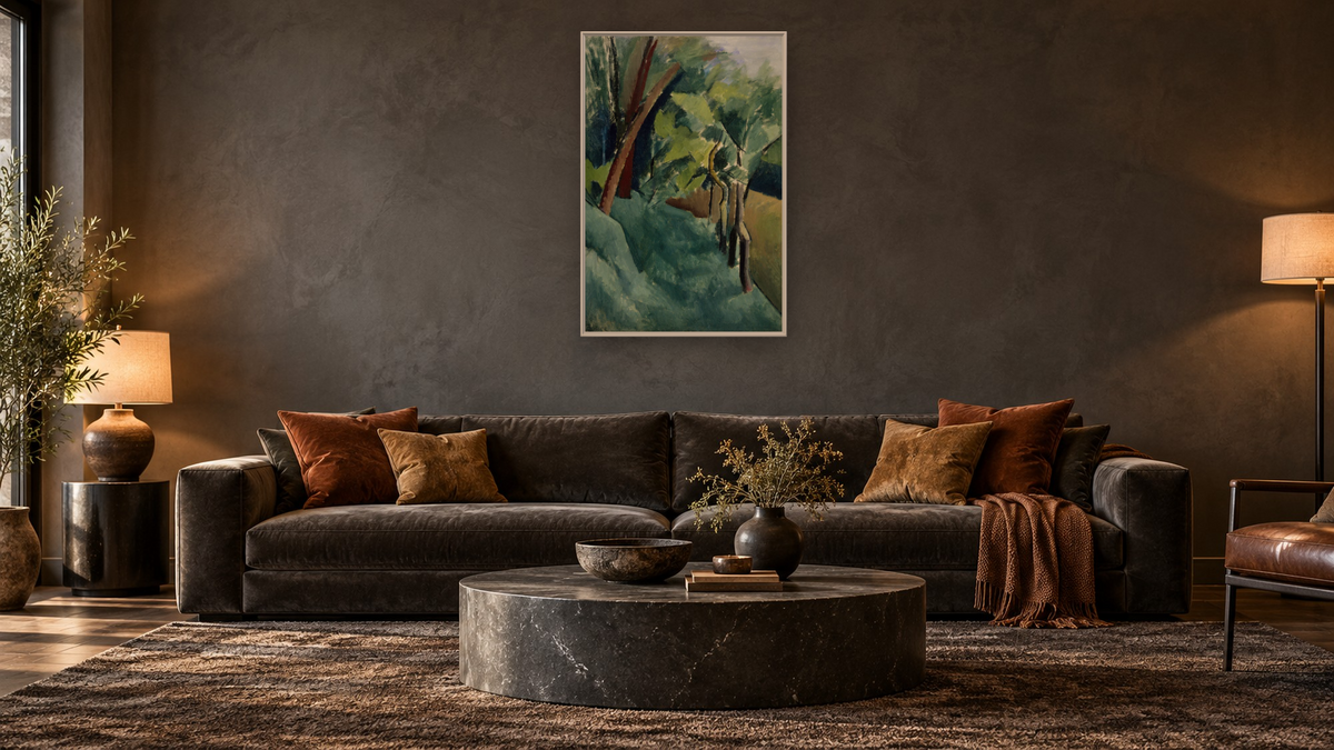 Landscape by Patrick Henry Bruce, shown at 28 × 42 in (71.1 × 106.7 cm) on canvas in Ramino Opaque White, den
