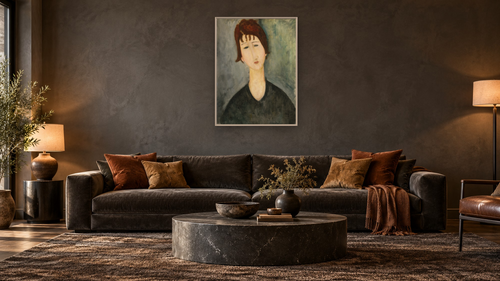 A Woman by Amedeo Modigliani, shown at 30 × 40 in (76.2 × 101.6 cm) on canvas in Ramino Opaque White, den [arteriel-render:v6:room_a:30x40@51,25]