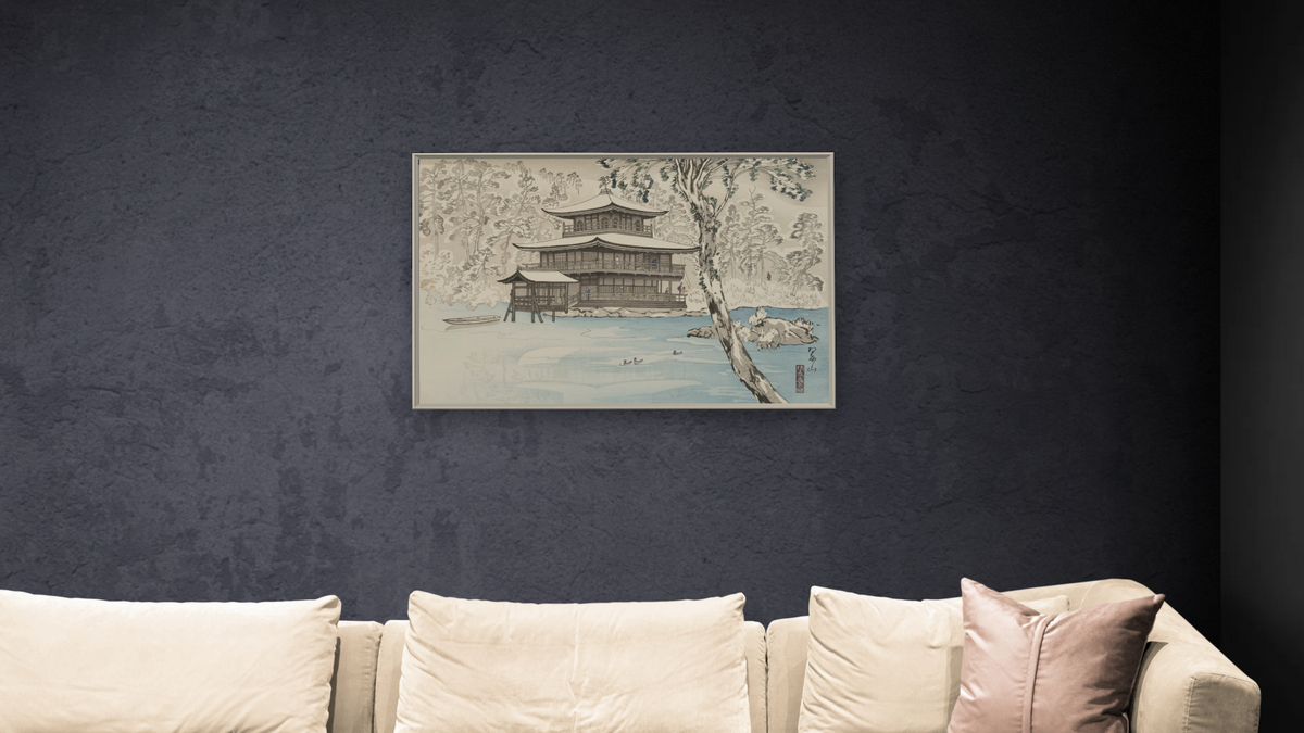 Snow at Kinkakuji (Kinkakuji no Yuki) Temple by Miki Suizan, shown at 28 × 42 in (71.1 × 106.7 cm) on canvas in Ramino Opaque White, living