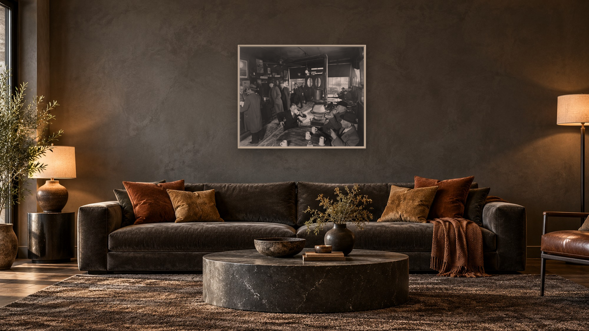 McSorley's Ale House, 15 East 7th Street, Manhattan by Berenice Abbott, shown at 32 × 40 in (81.3 × 101.6 cm) on canvas in Ramino Opaque White, den