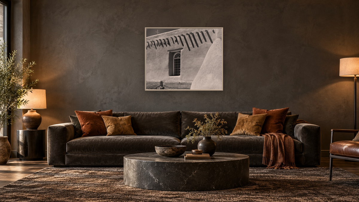 Window and Low Wall by Gordon Osmundson, shown at 32 × 40 in (81.3 × 101.6 cm) on canvas in Ramino Opaque White, den
