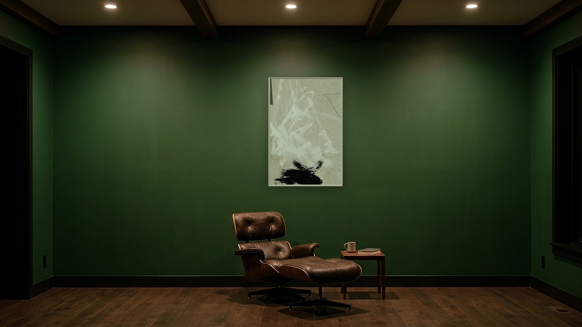 Lifestyle 2 by Dan Hobday, shown at 28 × 42 in (71.1 × 106.7 cm) on canvas in Ramino Opaque White, den