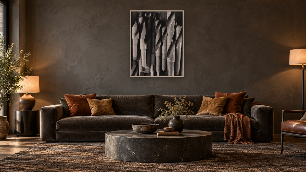 Drill Bits by Gordon Osmundson, shown at 32 × 40 in (81.3 × 101.6 cm) on canvas in Ramino Opaque White, den