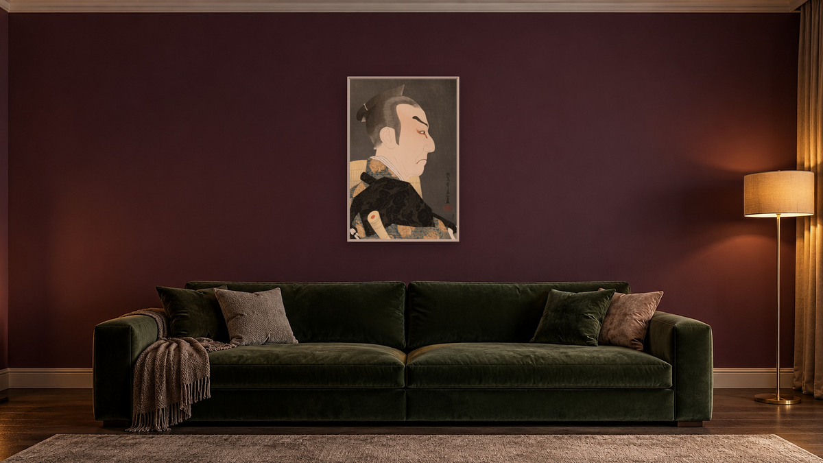 Kataoka Nizayemon as Honzo by Natori Shunsen, shown at 28 × 42 in (71.1 × 106.7 cm) on canvas in Ramino Opaque White, den