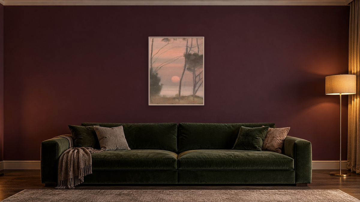 Moonrise, Mentone by Clarice Beckett, shown at 32 × 40 in (81.3 × 101.6 cm) on canvas in Ramino Opaque White, den