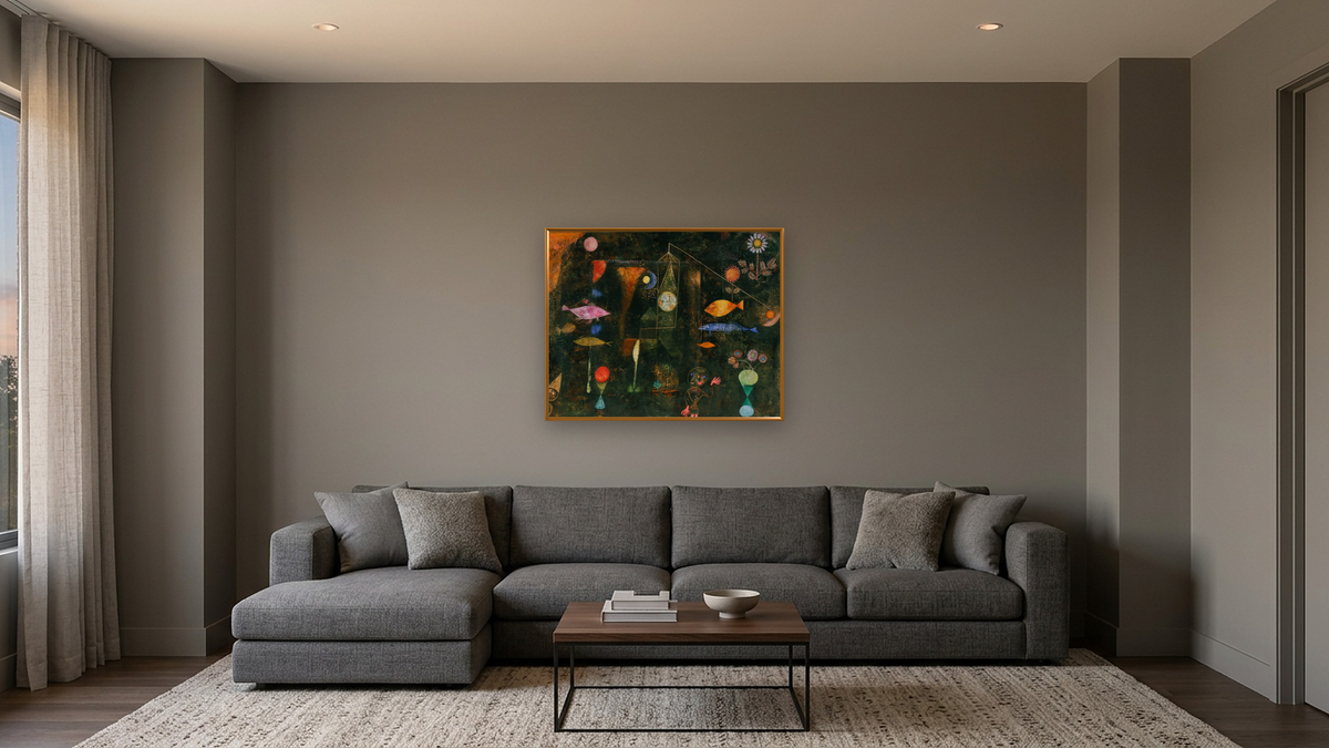 Fish Magic by Paul Klee, shown at 32 × 40 in (81.3 × 101.6 cm) on canvas in Molto Polished Gold, media room