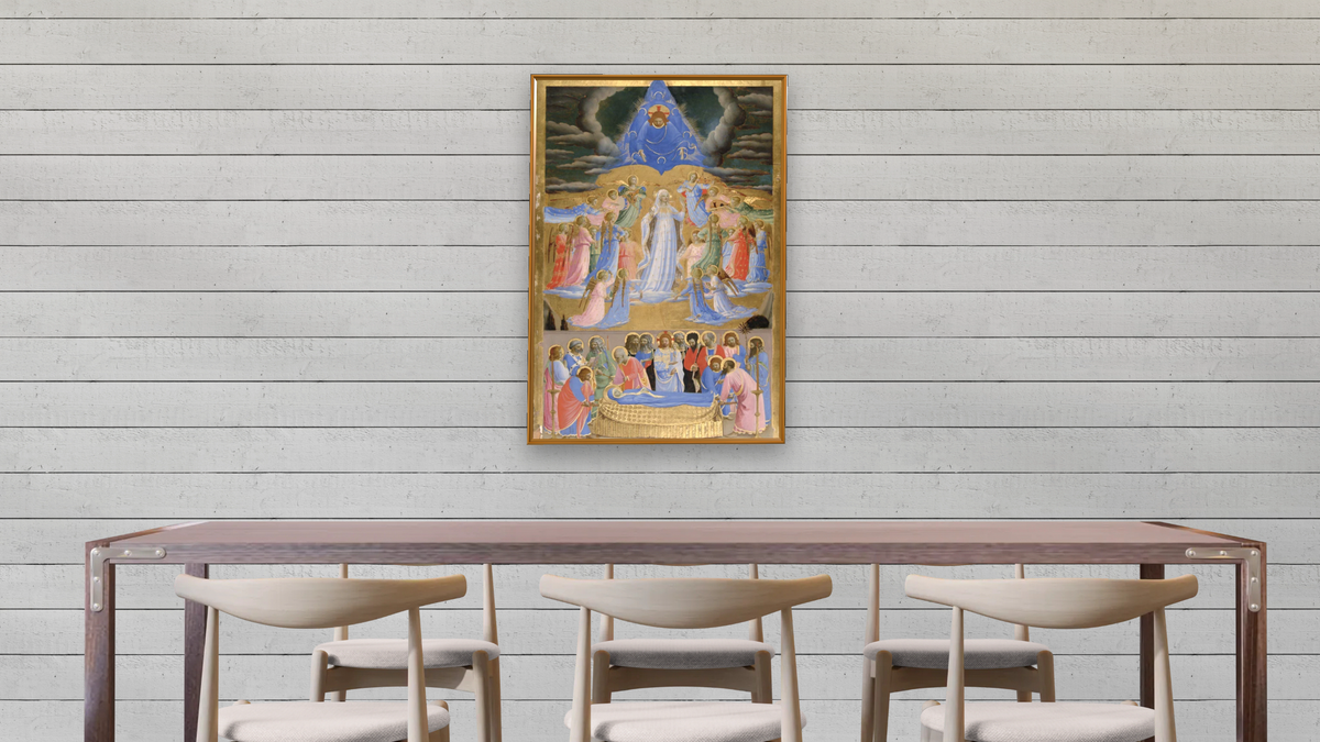 The Death and Assumption of the Virgin by Fra Angelico, shown at 28 × 42 in (71.1 × 106.7 cm) on canvas in Molto Polished Gold, dining