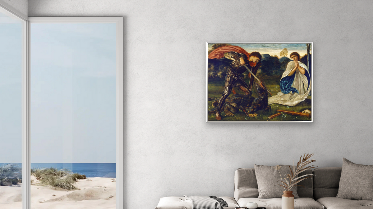 The fight: St George kills the dragon VI by Edward Burne-Jones, shown at 32 × 40 in (81.3 × 101.6 cm) on canvas in Molto Polished Gold, living
