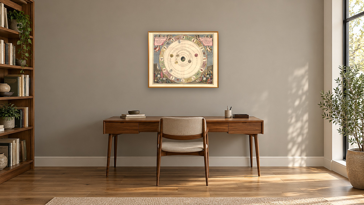 Plate 8 from Harmonia Macrocosmica by Andreas Cellarius, shown at 32 × 40 in (81.3 × 101.6 cm) on canvas in Molto Polished Gold, library