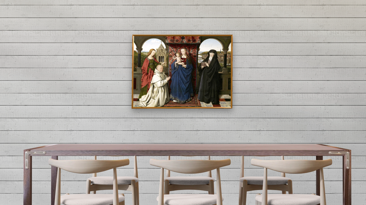The Virgin and Child with Saints and Donor by Jan van Eyck, shown at 30 × 40 in (76.2 × 101.6 cm) on canvas in Molto Polished Gold, dining