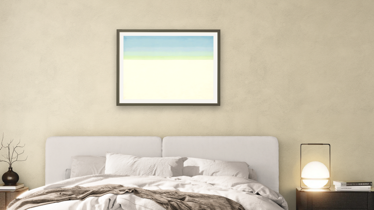 Sky with Flat White Cloud by Georgia O'Keeffe, shown at 30 × 40 in (76.2 × 101.6 cm) in Ramino Satin Black, bedroom
