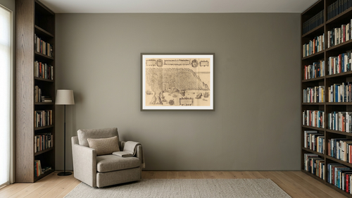 A Cidade de Angra. Na Ilhade Iesu Xpoda Tercera by Jan Huygen Van Linschoten, shown at 30 × 40 in (76.2 × 101.6 cm) in Ramino Satin Black, library [arteriel-render:v6:room_a:30x40@50,41]