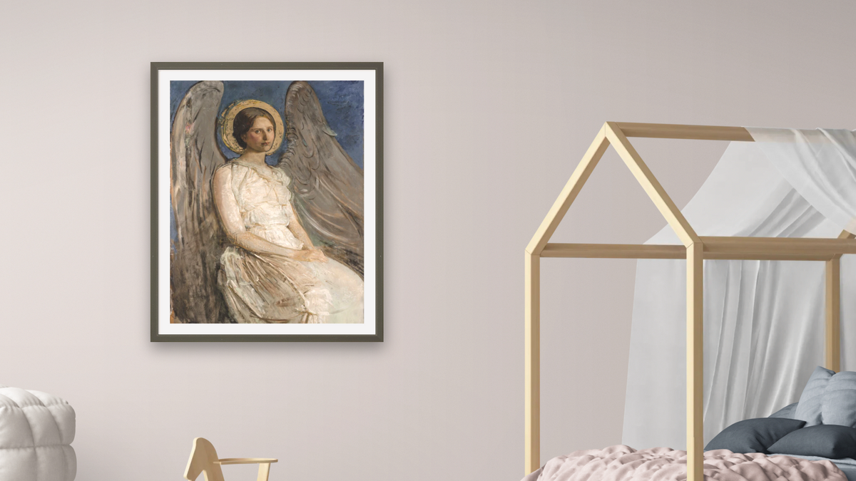 Seated Angel by Abbott Handerson Thayer, shown at 30 × 40 in (76.2 × 101.6 cm) in Ramino Satin Black, bedroom
