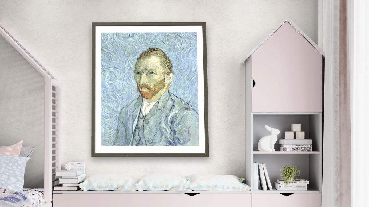Self portrait by Vincent van Gogh, shown at 32 × 40 in (81.3 × 101.6 cm) in Ramino Satin Black, bedroom