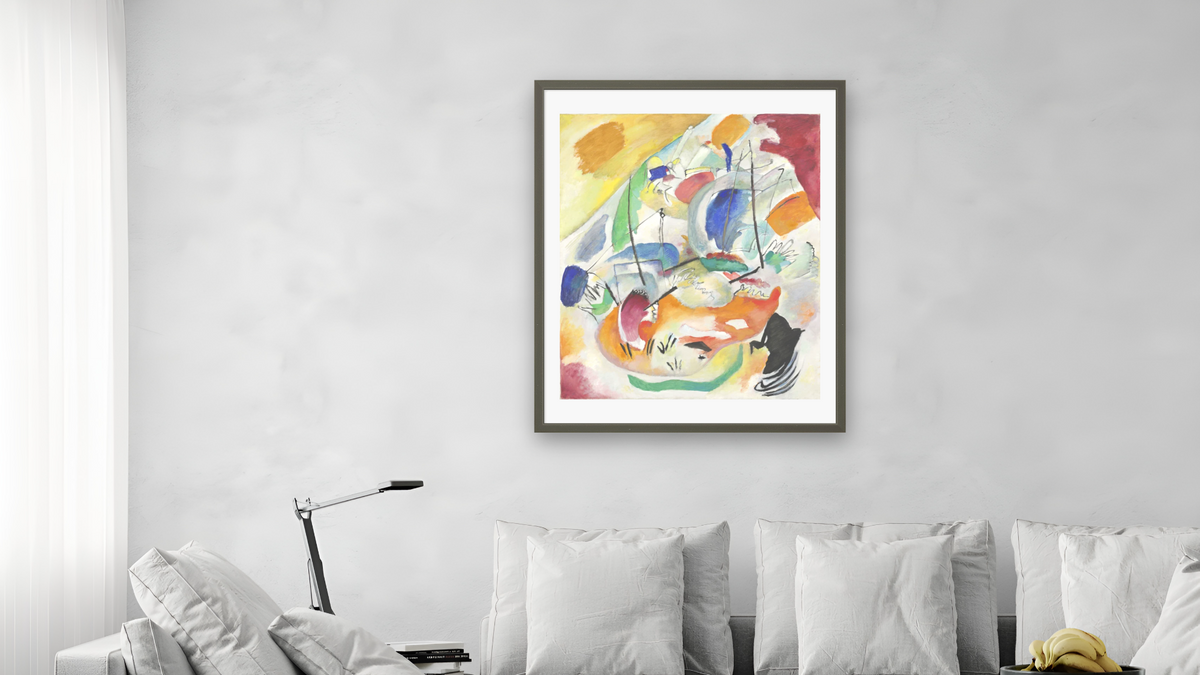 Improvisation 31 (Sea Battle), shown at 32 × 40 in (81.3 × 101.6 cm) in Ramino Satin Black, living