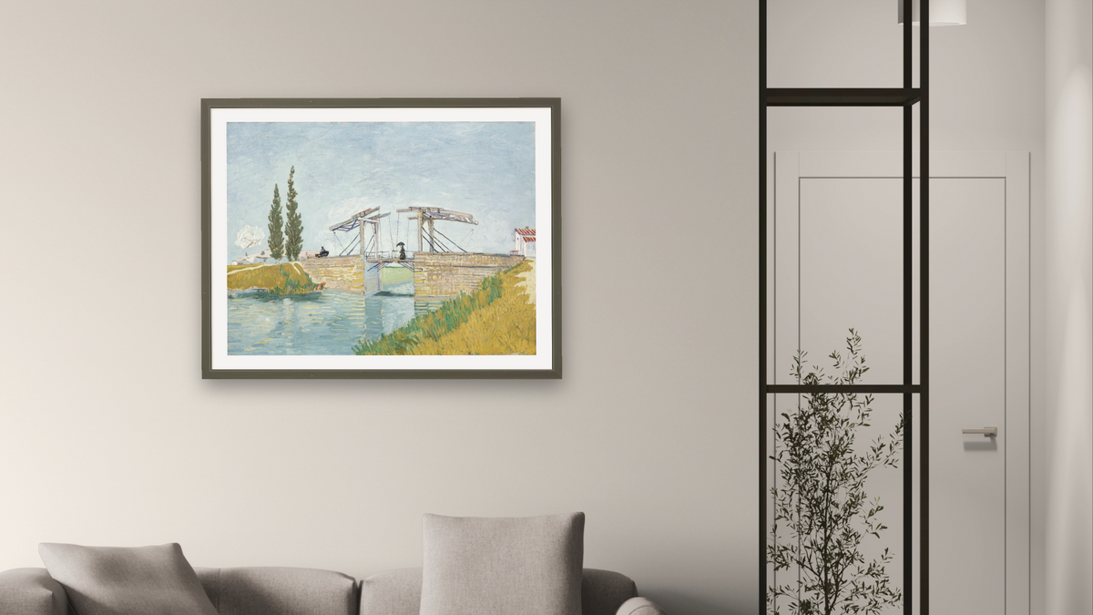 The Drawbridge by Vincent van Gogh, shown at 30 × 40 in (76.2 × 101.6 cm) in Ramino Satin Black, living