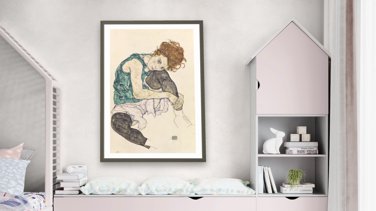 Seated Woman with Bent Knee by Egon Schiele, shown at 28 × 42 in (71.1 × 106.7 cm) in Ramino Satin Black, bedroom