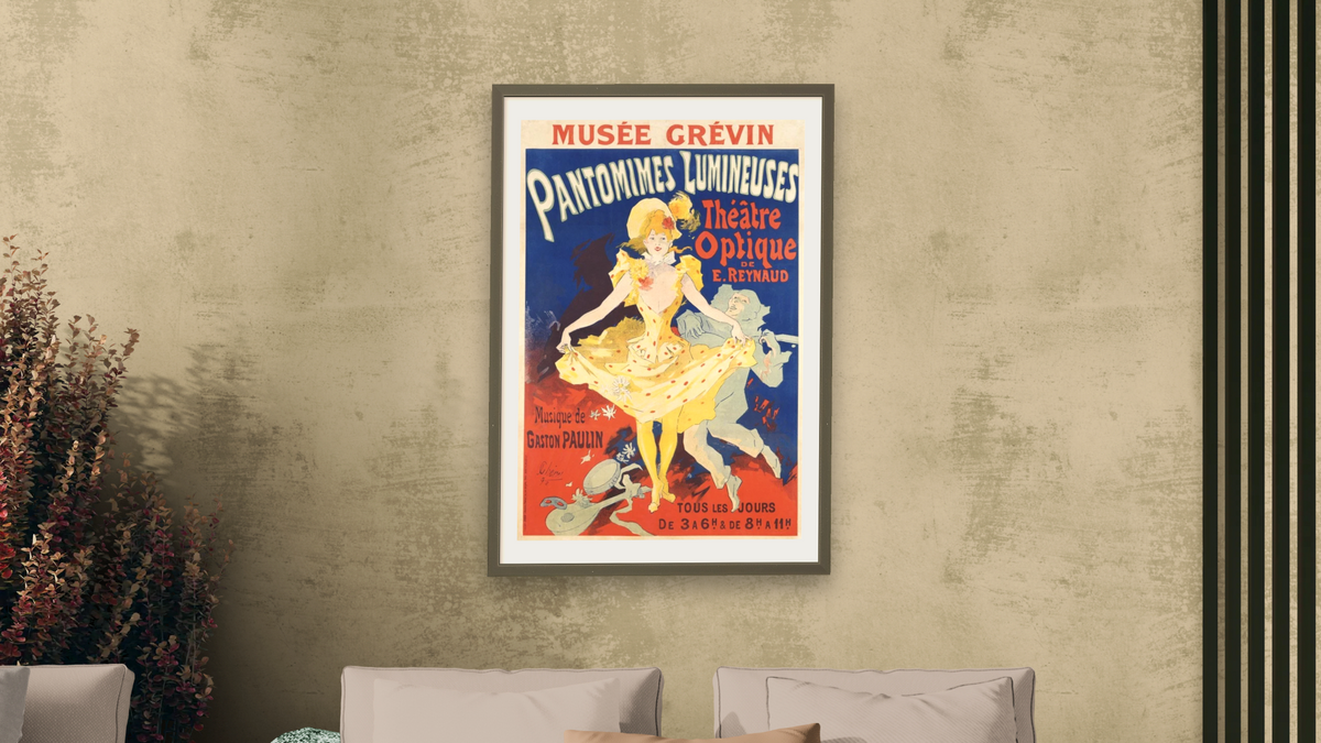 French Poster for Early Motion Picture Pantommes Lumineuses by Jules Chéret, shown at 28 × 42 in (71.1 × 106.7 cm) in Ramino Satin Black, living