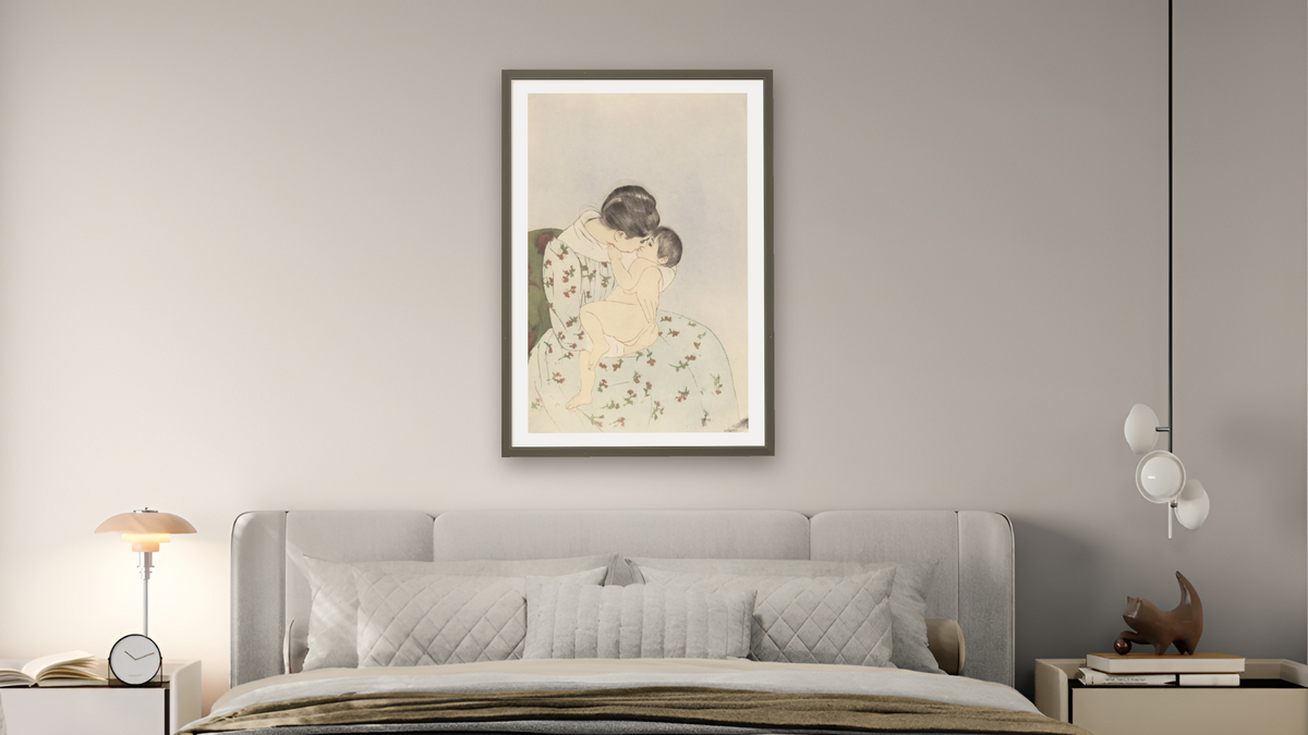 Mother's Kiss by Mary Cassatt, shown at 28 × 42 in (71.1 × 106.7 cm) in Ramino Satin Black, bedroom