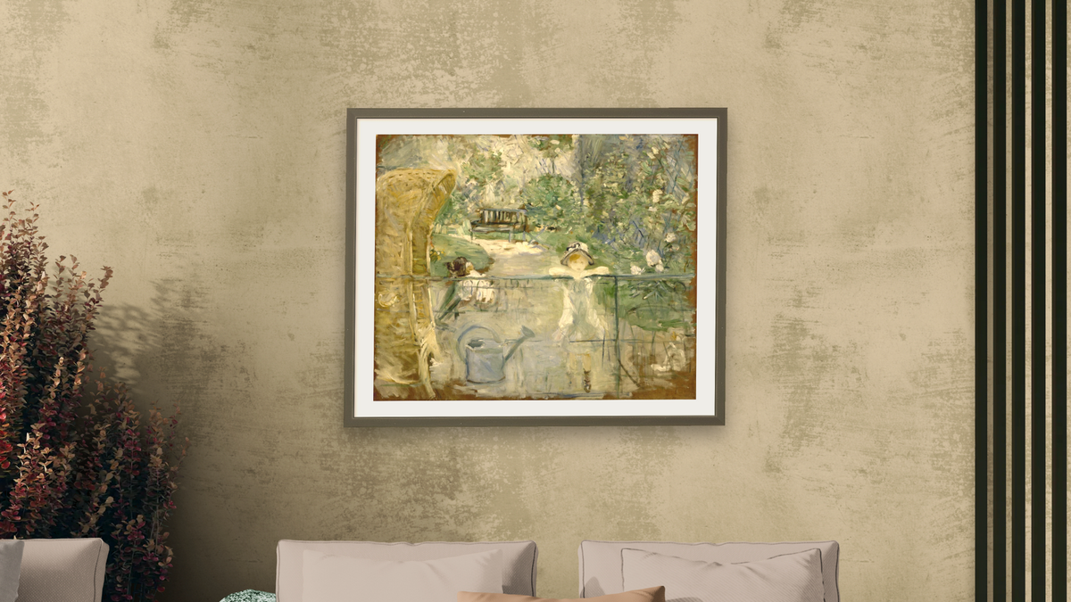 The Basket Chair by Berthe Morisot, shown at 32 × 40 in (81.3 × 101.6 cm) in Ramino Satin Black, living