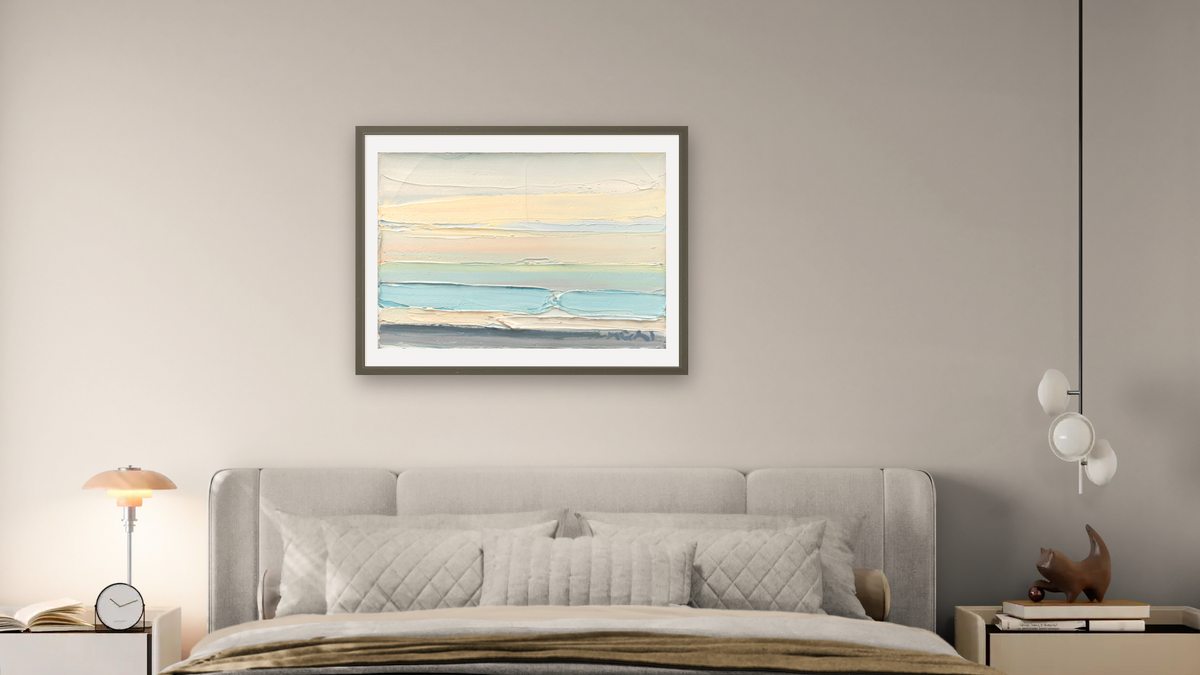 Seascape by Roger Mühl, shown at 30 × 40 in (76.2 × 101.6 cm) in Ramino Satin Black, bedroom